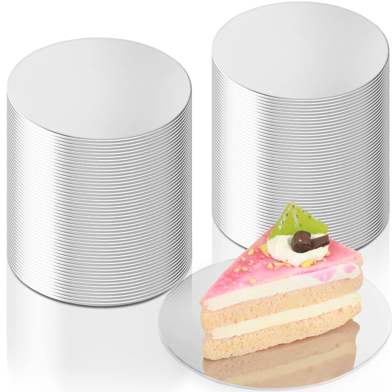 Sawysine Cake Boards Round 4 Inch Mini Cake Circle Base Boards Disposable Cardboard Cake Plate Round Coated Cakeboard for Kitchen Baking Caking Pizza Dessert Cupcake Tray (Silver 50 Pieces) - Image 1